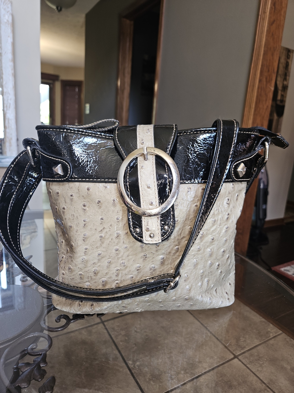 Vintage MC Two-Tone Black & Cream Ostrich-Textured Shoulder Bag.